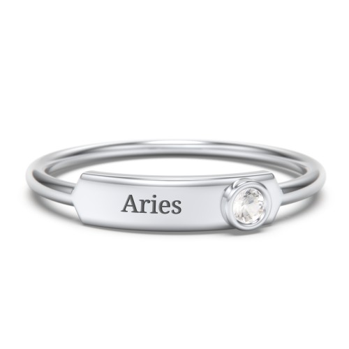 Engravable Bar Ring with Birthstone – Sterling Silver with Cubic Zirconia