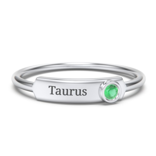 Engravable Bar Ring with Birthstone – Sterling Silver with Emerald