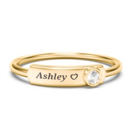 Engravable Bar Ring with Birthstone in 9K Solid Yellow Gold with Cubic Zirconia