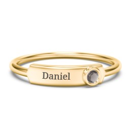 Engravable Bar Ring with Birthstone in 9K Solid Yellow Gold with Smokey Quartz