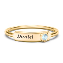 Engravable Bar Ring with Birthstone in 9K Solid Yellow Gold with Blue Topaz