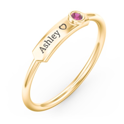 Engravable Bar Ring with Birthstone – 9kt Yellow Gold with Ruby