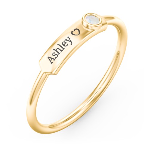 Engravable Bar Ring with Birthstone – 9kt Yellow Gold with Opal