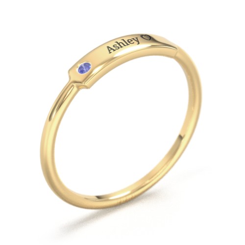 Engravable Bar Ring with Birthstone – 9kt Yellow Gold with Blue Sapphire