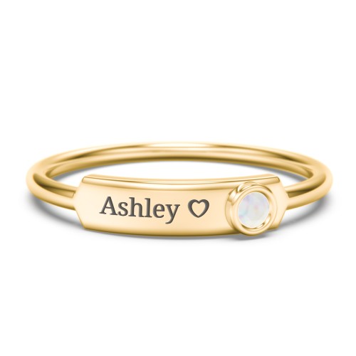 Engravable Bar Ring with Birthstone – 9kt Yellow Gold with Opal
