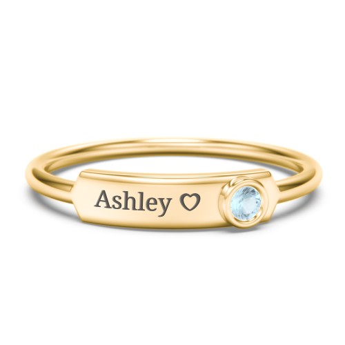 Engravable Bar Ring with Birthstone – 9kt Yellow Gold with Blue Topaz