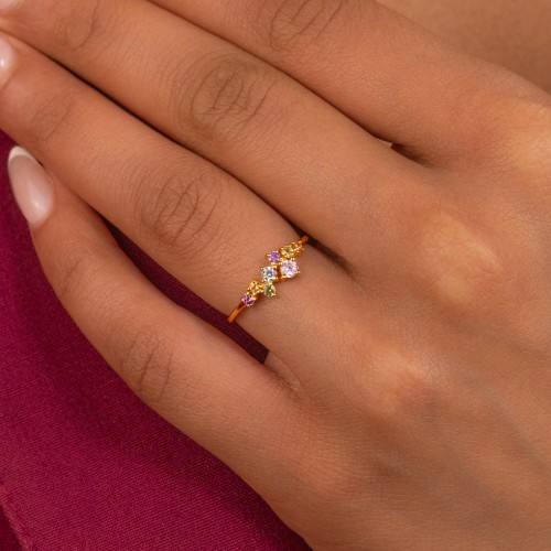 8-Stone Cluster Ring – 9kt Yellow Gold with Citrine, Pink Tourmaline, Cubic Zirconia, Amethyst, and Blue Topaz