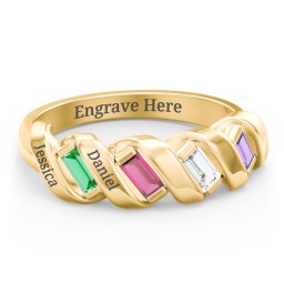 Spiral Baguette Ring in 9K Solid Yellow Gold with Emerald, Ruby, Cubic Zirconia, Amethyst, and Blue Sapphire