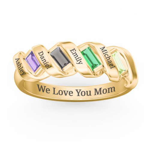 Spiral Baguette Ring – 9kt Yellow Gold with Amethyst, Smokey Quartz, Emerald, and Peridot