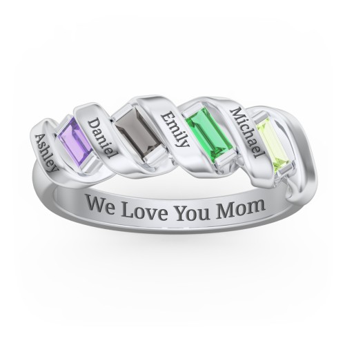 Spiral Baguette Ring – Sterling Silver with Amethyst, Smokey Quartz, Emerald, and Peridot