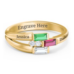 Engravable 3 Baguette Gemstone Ring with Accents in 9K Solid Yellow Gold with Emerald, Ruby, Cubic Zirconia, and White Premium Zirconia