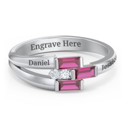 Engravable 3 Baguette Gemstone Ring with Accents in 925 Sterling Silver with Ruby and White Premium Zirconia