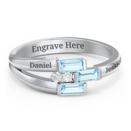Engravable 3 Baguette Gemstone Ring with Accents in 925 Sterling Silver with Blue Topaz and White Premium Zirconia