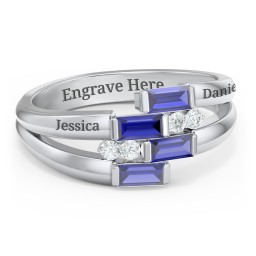 Engravable 4 Baguette Gemstone Ring with Accents