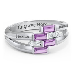 Engravable 4 Baguette Gemstone Ring with Accents in 925 Sterling Silver with Amethyst and White Premium Zirconia