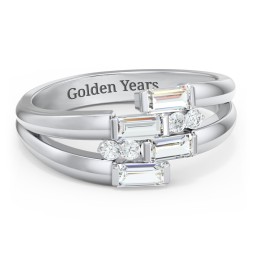 Engravable 4 Baguette Gemstone Ring with Accents in 925 Sterling Silver with Cubic Zirconia and White Premium Zirconia