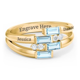 Engravable 4 Baguette Gemstone Ring with Accents in 9K Solid Yellow Gold with Blue Topaz and White Premium Zirconia