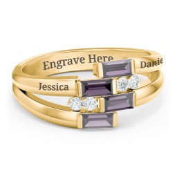 Engravable 4 Baguette Gemstone Ring with Accents in 9K Solid Yellow Gold with Alexandrite and White Premium Zirconia