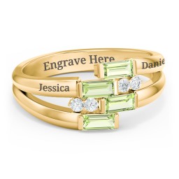 Engravable 4 Baguette Gemstone Ring with Accents in 9K Solid Yellow Gold with Peridot and White Premium Zirconia