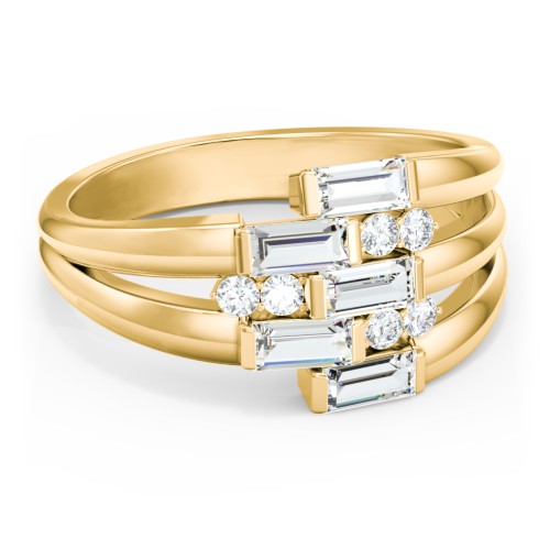 Engravable 5 Baguette Gemstone Ring with Accents – 9kt Yellow Gold with Cubic Zirconia and White Premium Zirconia