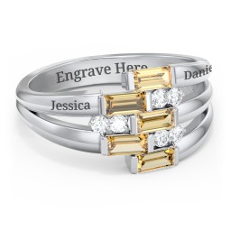 Engravable 5 Baguette Gemstone Ring with Accents in 925 Sterling Silver with Citrine and White Premium Zirconia