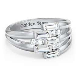 Engravable 5 Baguette Gemstone Ring with Accents in 925 Sterling Silver with Cubic Zirconia and White Premium Zirconia