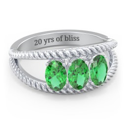 Oval Birthstone Ring with Twisted Rope Band in 925 Sterling Silver with Emerald, Aquamarine, and Amethyst