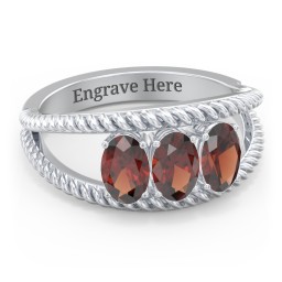 Oval Birthstone Ring with Twisted Rope Band in 925 Sterling Silver with Garnet, Aquamarine, and Amethyst