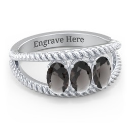 Oval Birthstone Ring with Twisted Rope Band in 925 Sterling Silver with Smokey Quartz, Aquamarine, and Amethyst