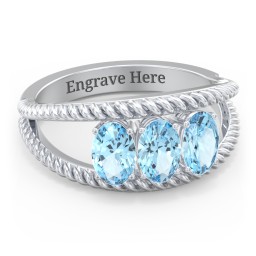 Oval Birthstone Ring with Twisted Rope Band in 925 Sterling Silver with Blue Topaz, Aquamarine, and Amethyst