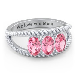 Oval Birthstone Ring with Twisted Rope Band in 925 Sterling Silver with Pink Tourmaline, Aquamarine, and Amethyst