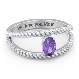 Oval Birthstone Ring with Twisted Rope Band in 925 Sterling Silver with Amethyst, Citrine, Cubic Zirconia, and Aquamarine
