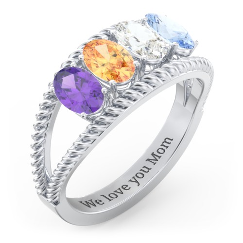 Oval Birthstone Ring with Twisted Rope Band – Sterling Silver with Amethyst, Citrine, Cubic Zirconia, and Aquamarine