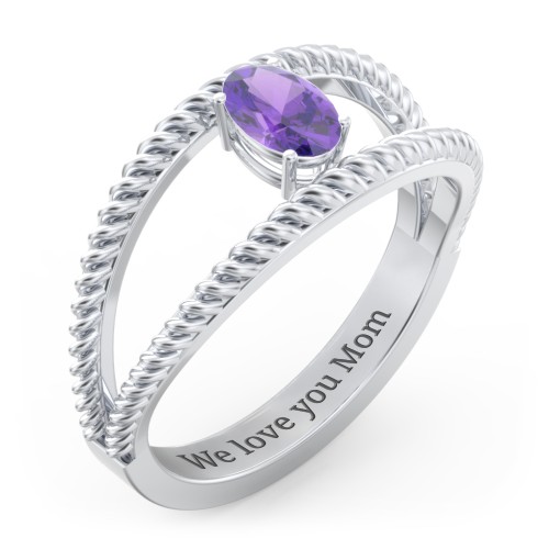 Oval Birthstone Ring with Twisted Rope Band – Sterling Silver with Amethyst