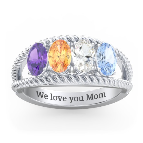 Oval Birthstone Ring with Twisted Rope Band – Sterling Silver with Amethyst, Citrine, Cubic Zirconia, and Aquamarine