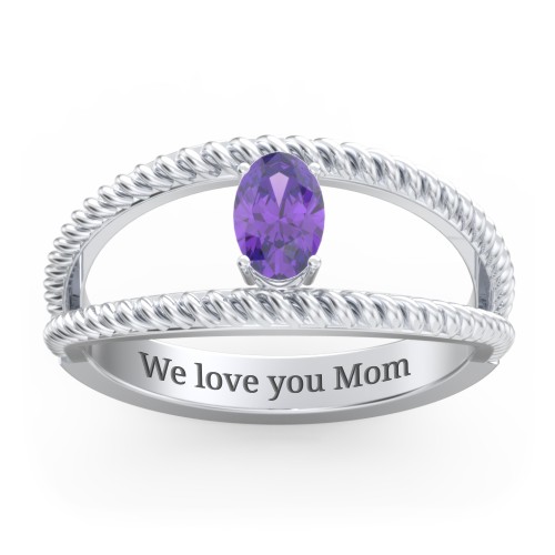 Oval Birthstone Ring with Twisted Rope Band – Sterling Silver with Amethyst