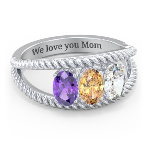 Oval Birthstone Ring with Twisted Rope Band – Sterling Silver with Amethyst, Citrine, and Cubic Zirconia