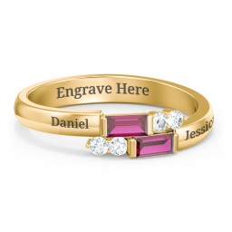 Engravable Baguette Gemstone Ring with Accents in 18K Gold Plated Silver with Ruby and White Premium Zirconia