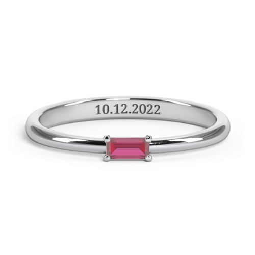 Engravable Baguette Ring with East-West Setting – Sterling Silver with Ruby
