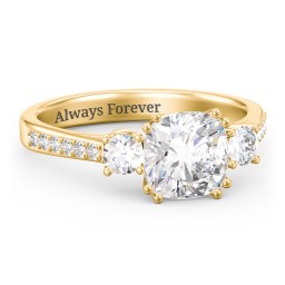 3 Stone Cushion Cut Duchess Ring with Accents in 18K Gold Plated Silver with White Premium Zirconia and Diamond