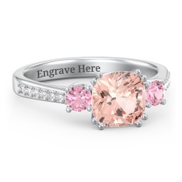 3 Stone Cushion Cut Duchess Ring with Accents in 925 Sterling Silver with Morganite, Pink Tourmaline, and White Premium Zirconia