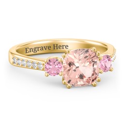 3 Stone Cushion Cut Duchess Ring with Accents in 18K Gold Plated Silver with Morganite, Pink Tourmaline, and White Premium Zirconia