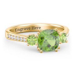 3 Stone Cushion Cut Duchess Ring with Accents in 18K Gold Plated Silver with Peridot and White Premium Zirconia
