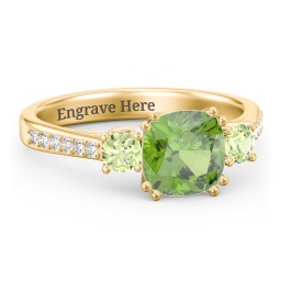 3 Stone Cushion Cut Duchess Ring with Accents in 18K Gold Plated Silver with Peridot and White Premium Zirconia