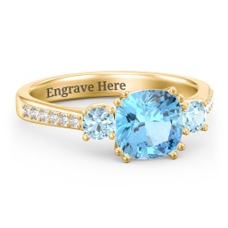 3 Stone Cushion Cut Duchess Ring with Accents in 18K Gold Plated Silver with Blue Topaz and White Premium Zirconia