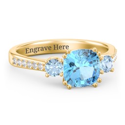 3 Stone Cushion Cut Duchess Ring with Accents in 18K Gold Plated Silver with Blue Topaz and White Premium Zirconia