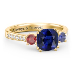 3 Stone Cushion Cut Duchess Ring with Accents in 18K Gold Plated Silver with Blue Sapphire, Garnet, and White Premium Zirconia