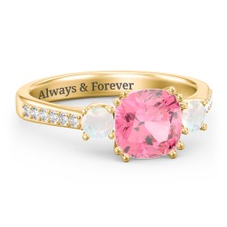 3 Stone Cushion Cut Duchess Ring with Accents in 18K Gold Plated Silver with Pink Tourmaline, Opal, and White Premium Zirconia
