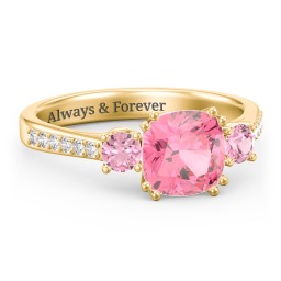 3 Stone Cushion Cut Duchess Ring with Accents in 18K Gold Plated Silver with Pink Tourmaline and White Premium Zirconia