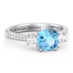 3 Stone Cushion Cut Duchess Ring with Accents in 925 Sterling Silver with Blue Topaz, Cubic Zirconia, and Diamond